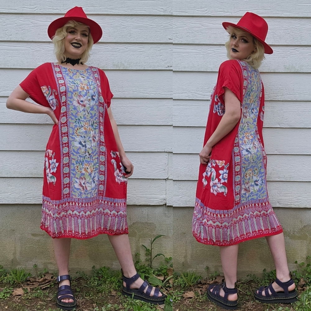 Vintage Indian Red & Blue Grandmacore Spring Summer Casual Hippie Boho Sun Dress